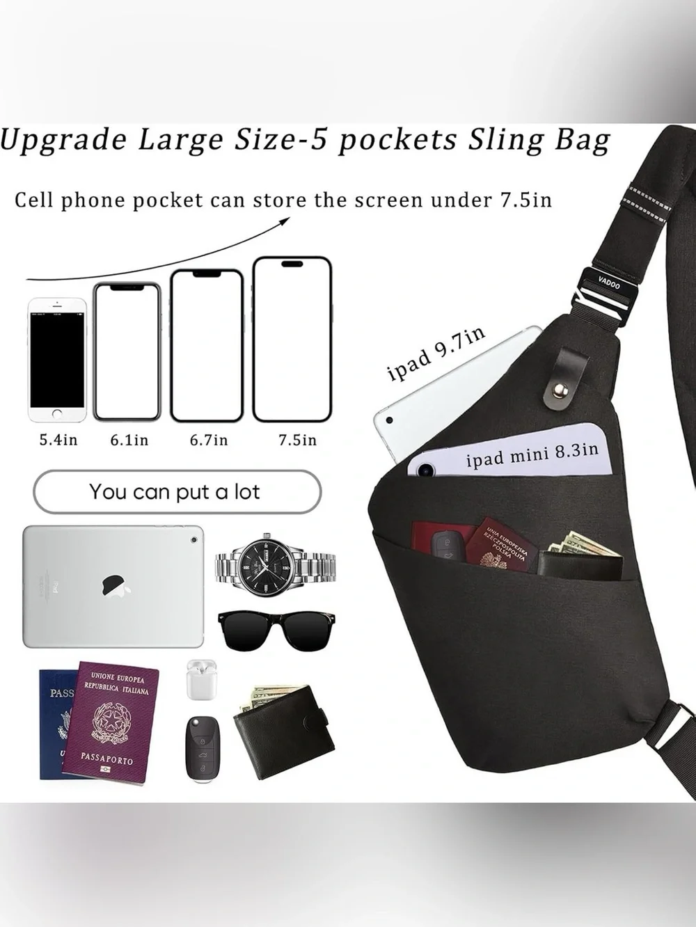 VADOO Sling RFID Blocking Bag Anti-theft Crossbody Shoulder Black Unisex